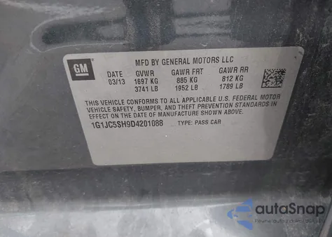 2013 Chevrolet Sonic Lt из США, поврежденный, VIN 1G1JC5SH9D4201088